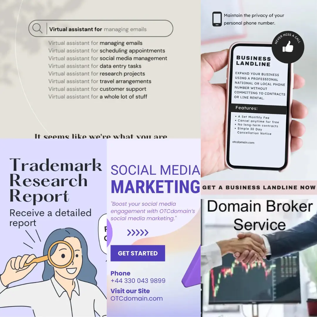 Virtual assistant service, Trademark research report, social media marketing, Domain broker service, Virtual phone number by OTCdomain